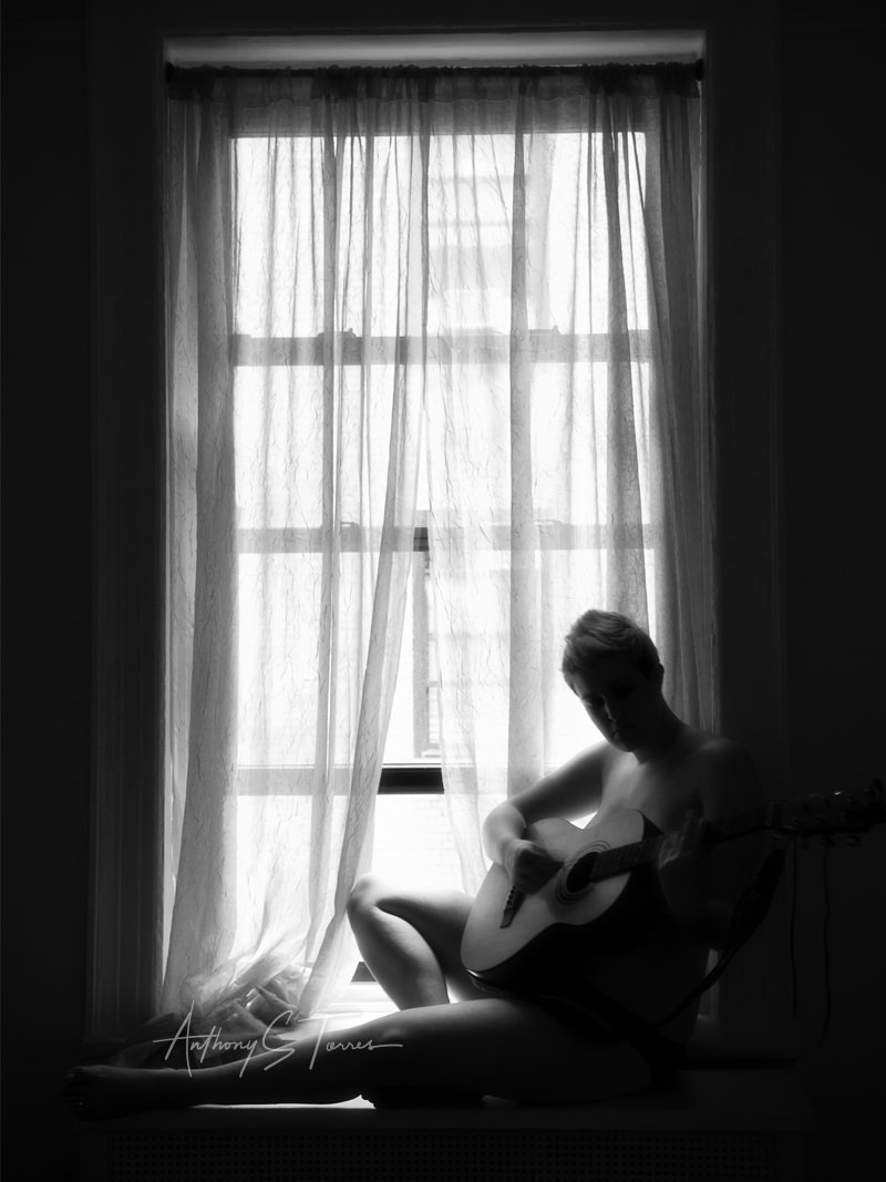 Kristie, silhouette, acoustic guitar, window