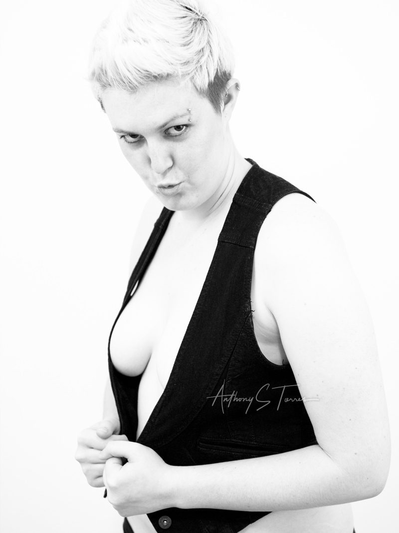 Kristie, punk boudoir portrait, black and white