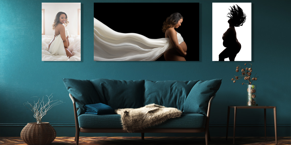 Boudoir Maternity Portraits Mounted onto Wall - Triptych